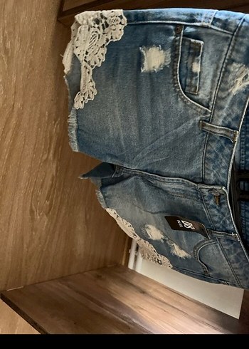 s Beden Dantel Detaylı Mavi Kadın Mini Kot Şort