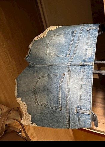 Zara Dantel Detaylı Mavi Kadın Mini Kot Şort
