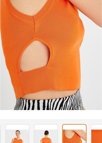 turuncu pencere detaylı kolsuz bluz - Görsel 5