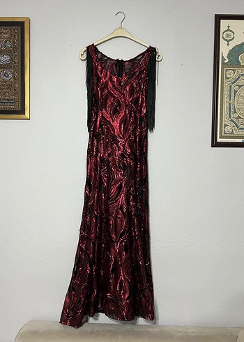 Bordo Drapeli pullu Uzun Abiye Elbise
