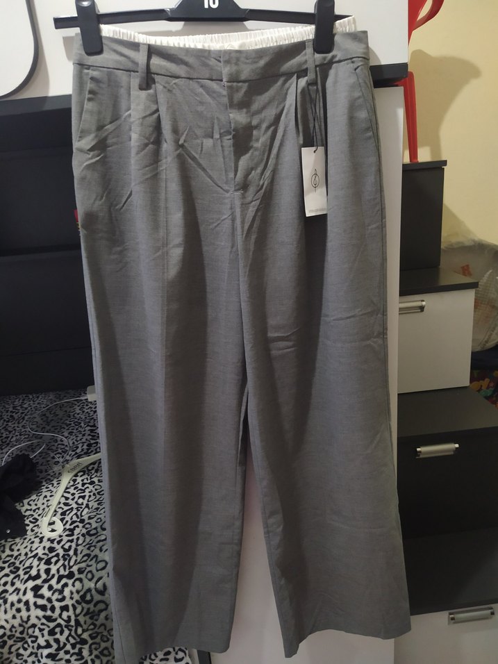 Gri Kontrast Bantlı Bol Paça Palazzo Pantolon - Görsel 2