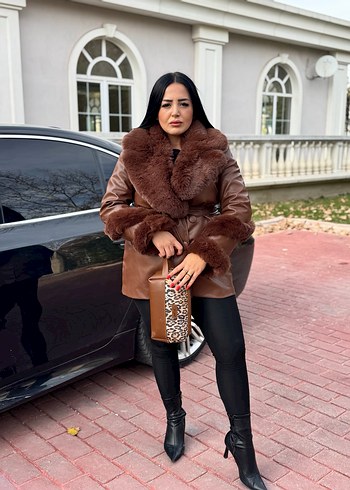 Kahverengi Deri Detaylı Leopar Desenli Kadın Kaban - Görsel 3