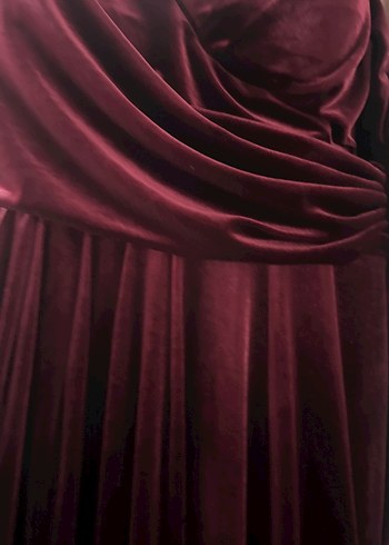 Bordo Drapeli Askılı kadife Kadın Abiye Elbise - Görsel 2