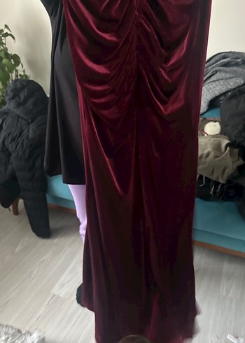 Bordo Drapeli Askılı kadife Kadın Abiye Elbise - Görsel 4