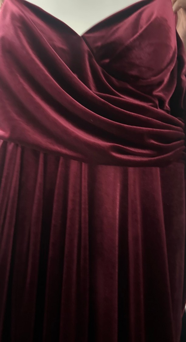 Bordo Drapeli Askılı kadife Kadın Abiye Elbise - Görsel 2