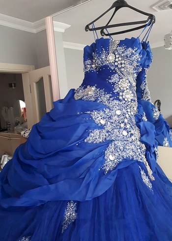 Mavi İşlemeli Drapeli Straplez Uzun Abiye - Görsel 2