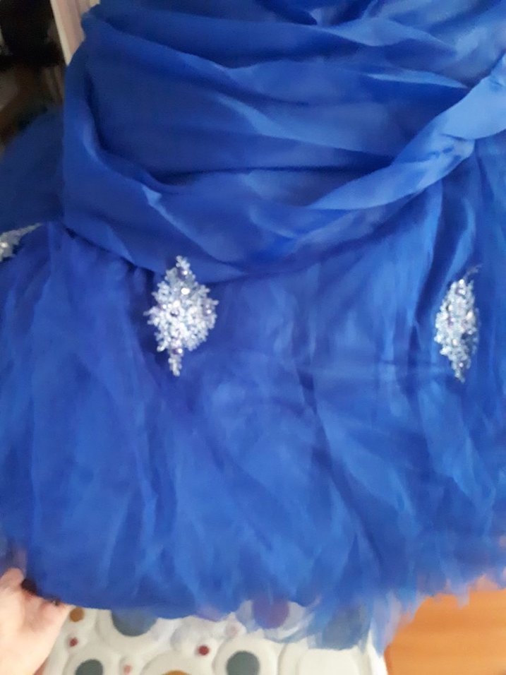 Mavi İşlemeli Drapeli Straplez Uzun Abiye - Görsel 4