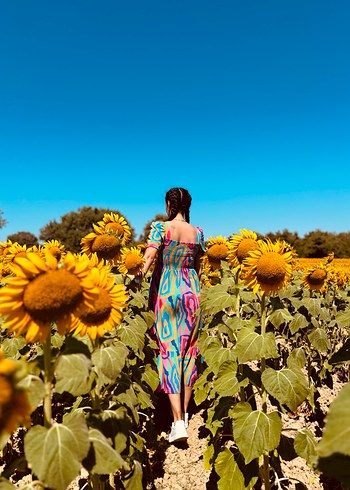 Renkli kare Yaka Uzun Elbise - Görsel 4