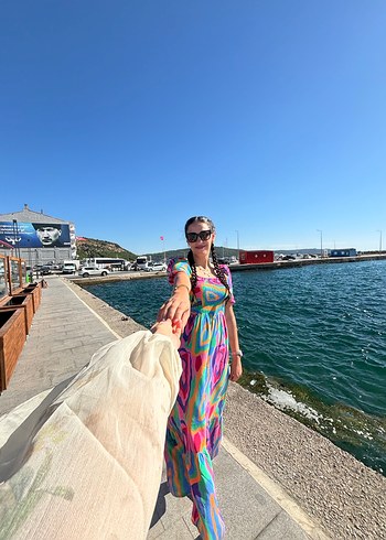 Renkli kare Yaka Uzun Elbise - Görsel 5