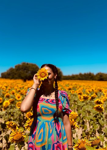 Renkli kare Yaka Uzun Elbise - Görsel 2