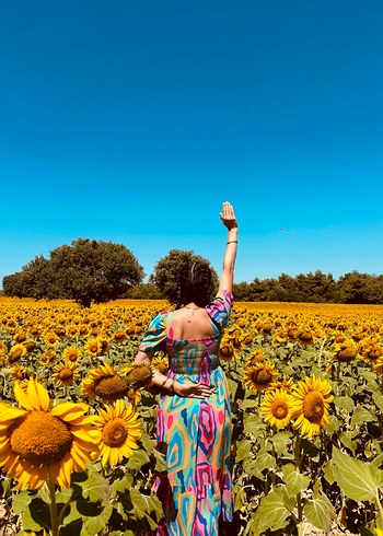 Renkli kare Yaka Uzun Elbise - Görsel 3