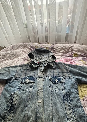 Gri Ekose Desenli Kadın Denim Ceket - Görsel 2