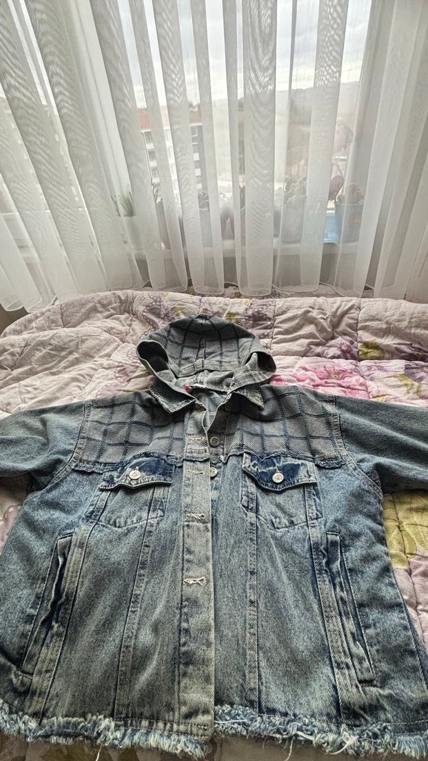 Gri Ekose Desenli Kadın Denim Ceket - Görsel 2