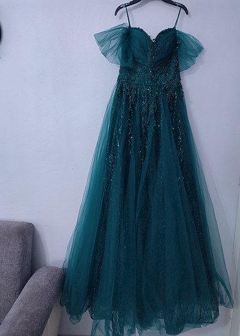 Turkuaz Parlak İşlemeli Straplez Uzun Abiye - Görsel 3