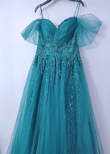 Turkuaz Parlak İşlemeli Straplez Uzun Abiye - Görsel 6