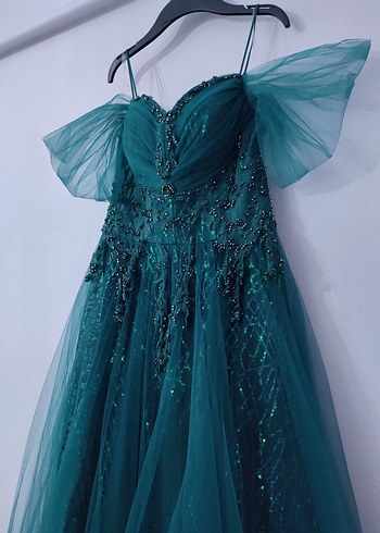 Turkuaz Parlak İşlemeli Straplez Uzun Abiye - Görsel 5