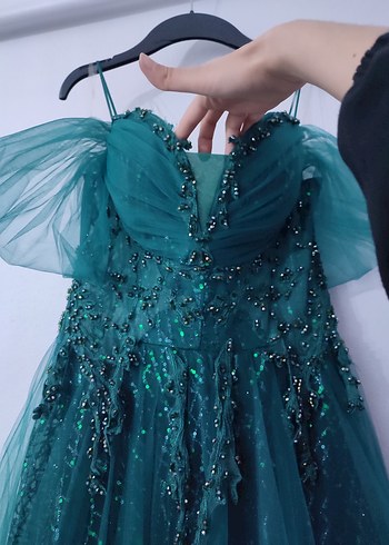 Turkuaz Parlak İşlemeli Straplez Uzun Abiye - Görsel 4