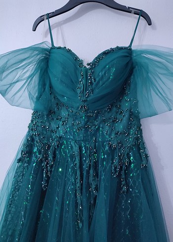 Turkuaz Parlak İşlemeli Straplez Uzun Abiye - Görsel 7