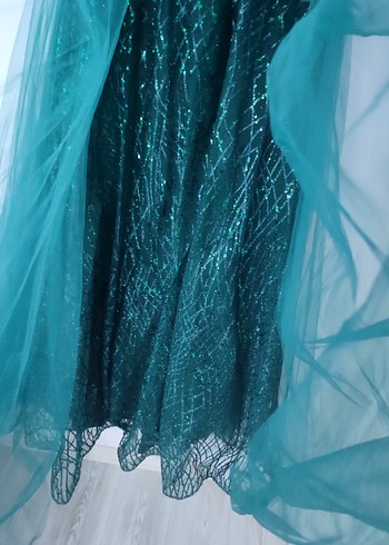 Turkuaz Parlak İşlemeli Straplez Uzun Abiye - Görsel 9