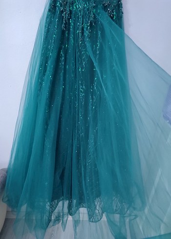 Turkuaz Parlak İşlemeli Straplez Uzun Abiye - Görsel 10