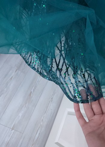 Turkuaz Parlak İşlemeli Straplez Uzun Abiye - Görsel 8