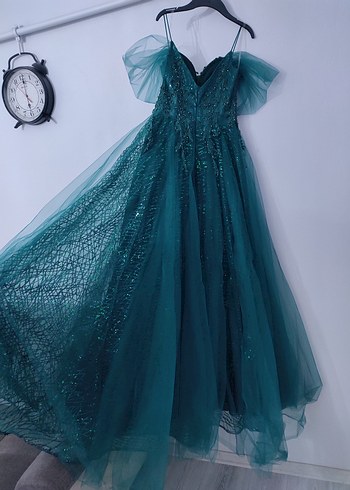 Turkuaz Parlak İşlemeli Straplez Uzun Abiye - Görsel 12