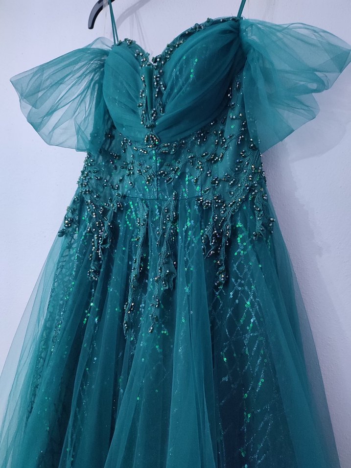 Turkuaz Parlak İşlemeli Straplez Uzun Abiye - Görsel 2