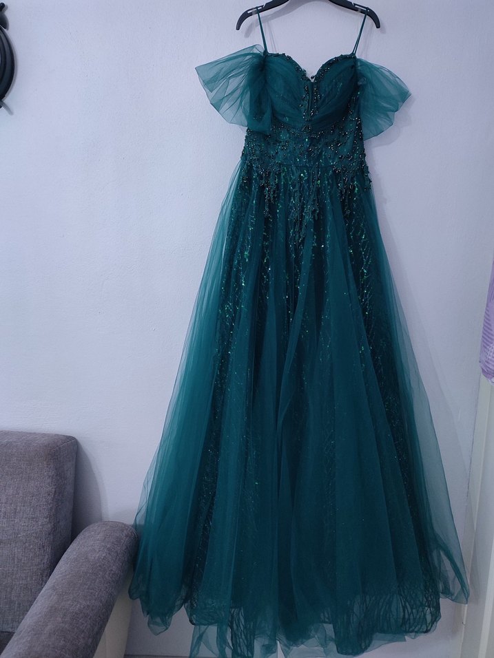 Turkuaz Parlak İşlemeli Straplez Uzun Abiye - Görsel 3