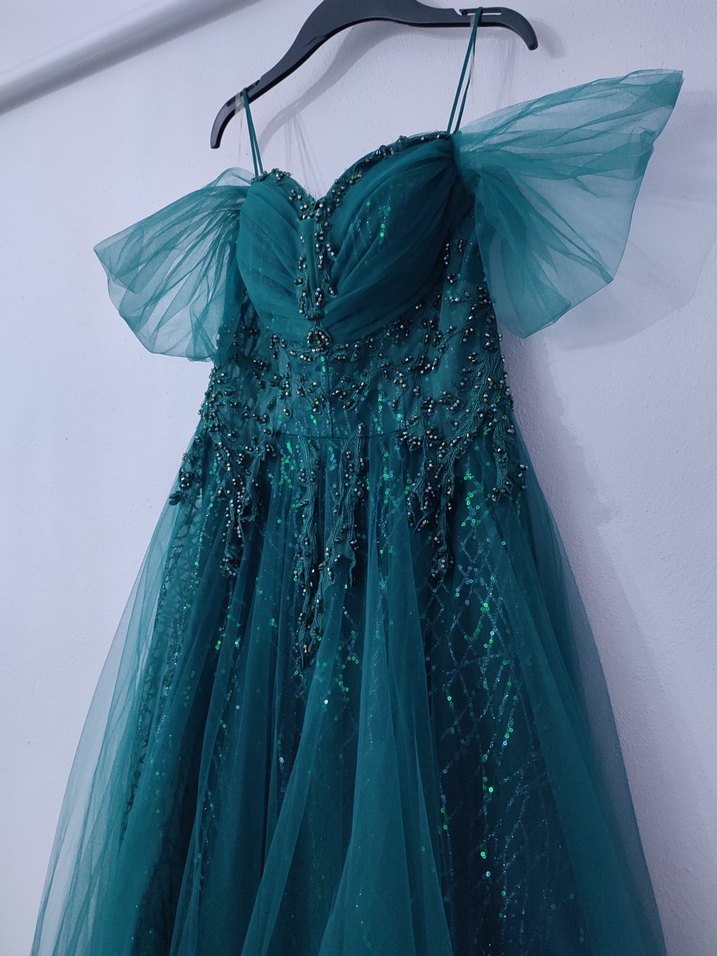 Turkuaz Parlak İşlemeli Straplez Uzun Abiye - Görsel 5