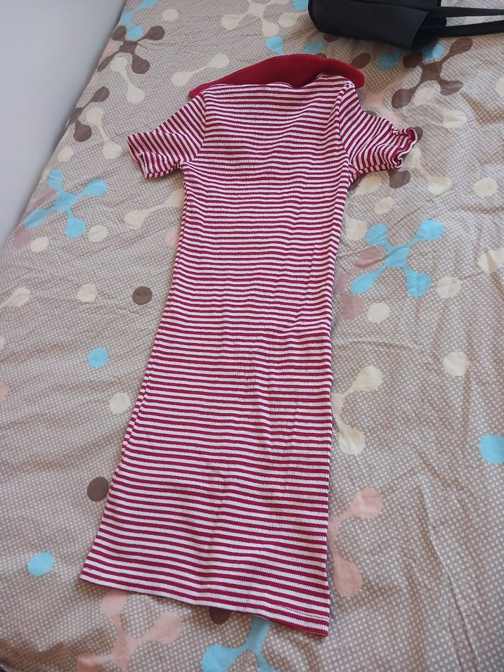 Kırmızı Çizgili V Yaka Mini Elbise - Görsel 2