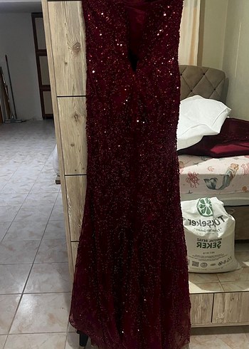 Bordo Uzun Straplez Kadın Abiye Kınalık - Görsel 9