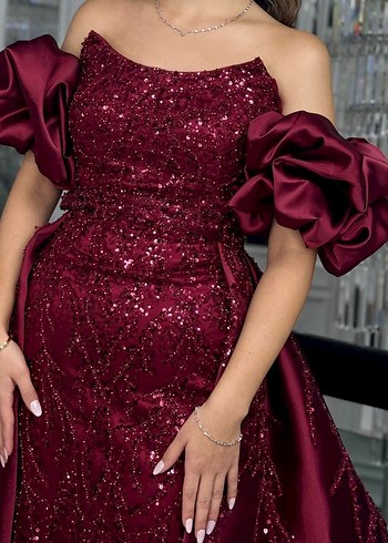 Bordo Uzun Straplez Kadın Abiye Kınalık - Görsel 5