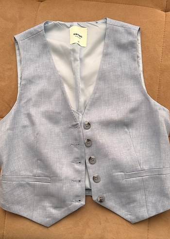 Düğmeli Gri Keten Kadın Yelek - Görsel 2