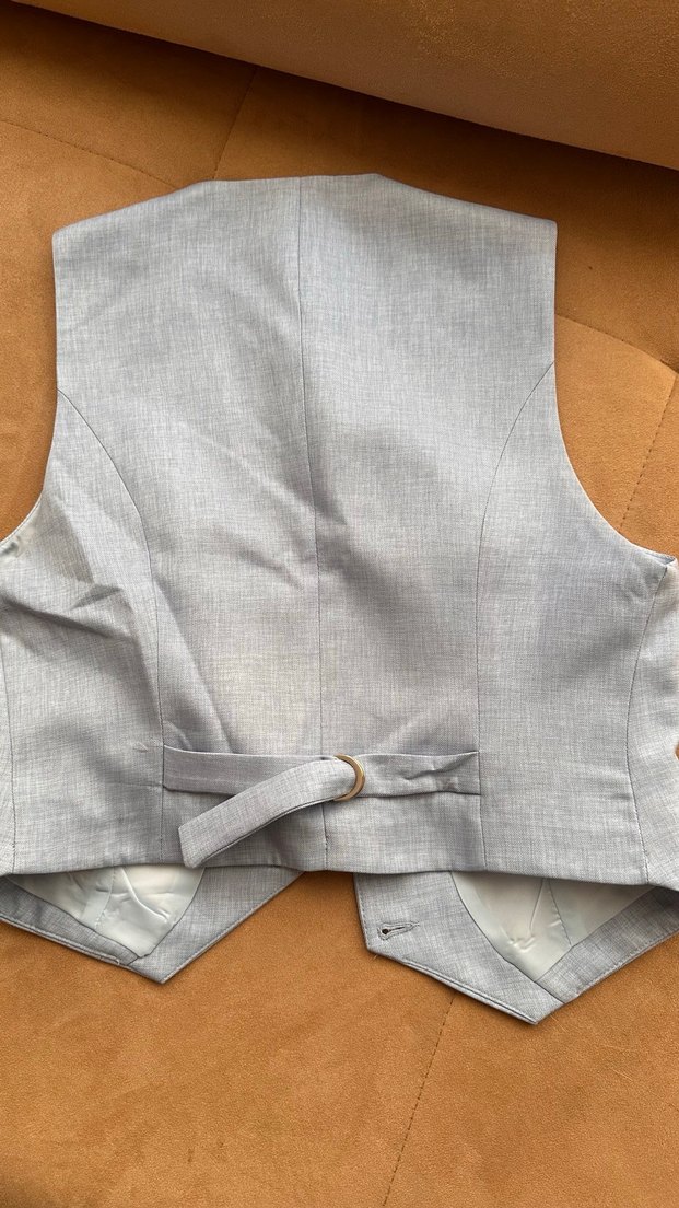 Düğmeli Gri Keten Kadın Yelek - Görsel 3