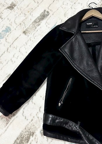 Kürklü Siyah Deri Biker Ceket - Görsel 3