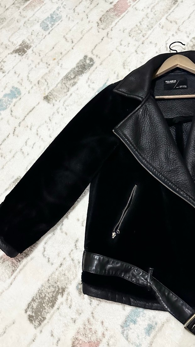 Kürklü Siyah Deri Biker Ceket - Görsel 3