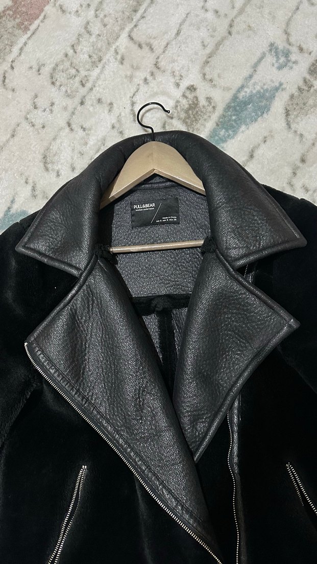 Kürklü Siyah Deri Biker Ceket - Görsel 2