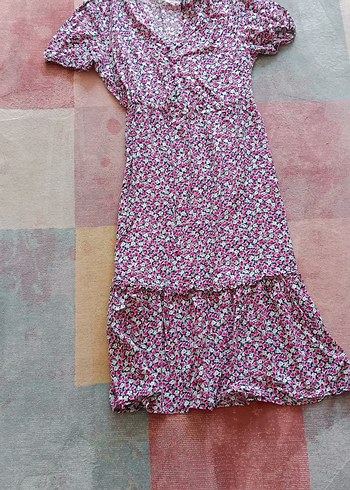 Pembe V Yaka Kısa Kollu Bohem Elbise