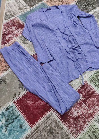 Pastel Mavi Bağcıklı Uzun Pijama Takımı - Görsel 3