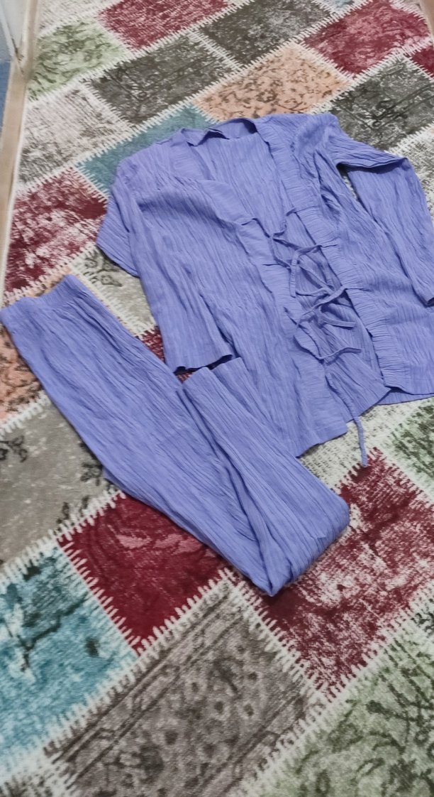 Pastel Mavi Bağcıklı Uzun Pijama Takımı - Görsel 3