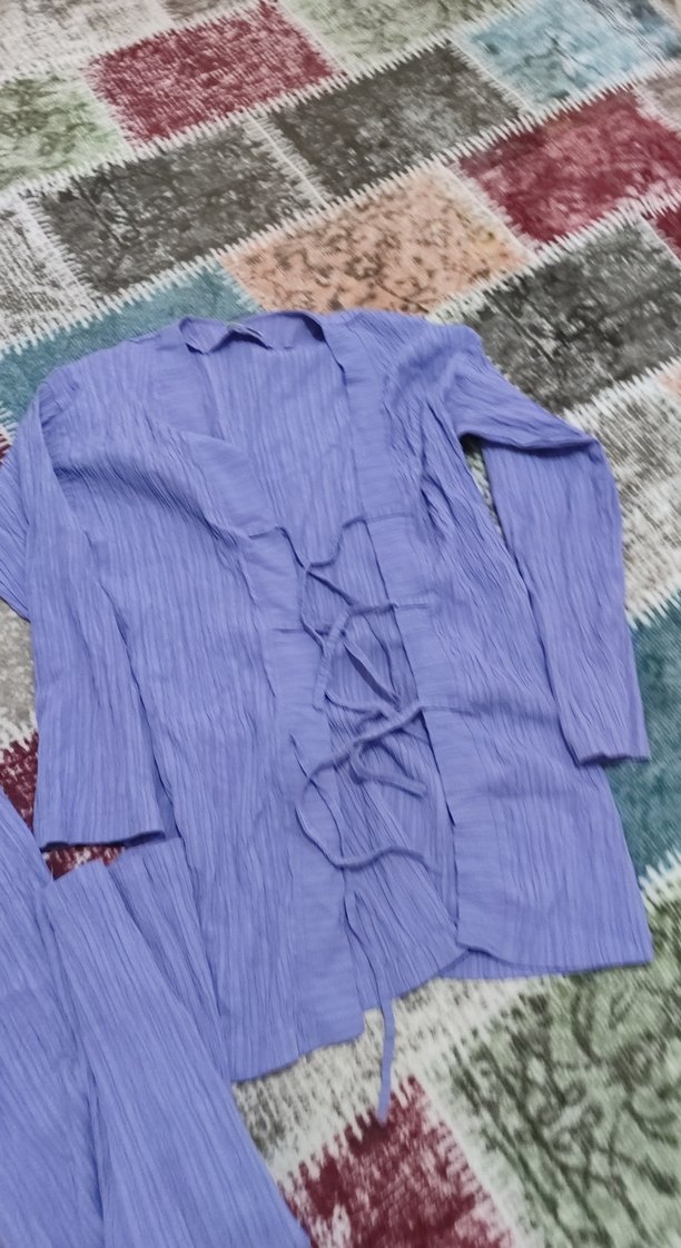 Pastel Mavi Bağcıklı Uzun Pijama Takımı - Görsel 2