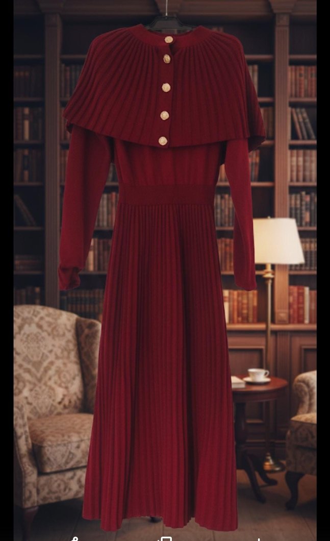 Bordo Piliseli Uzun Örme Elbise - Görsel 3