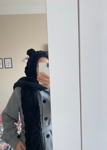 Örgü Kadın siyah atkı bere - Görsel 2