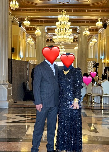 Uzun Kollu Lacivert Payetli Modern Klasik Abiye