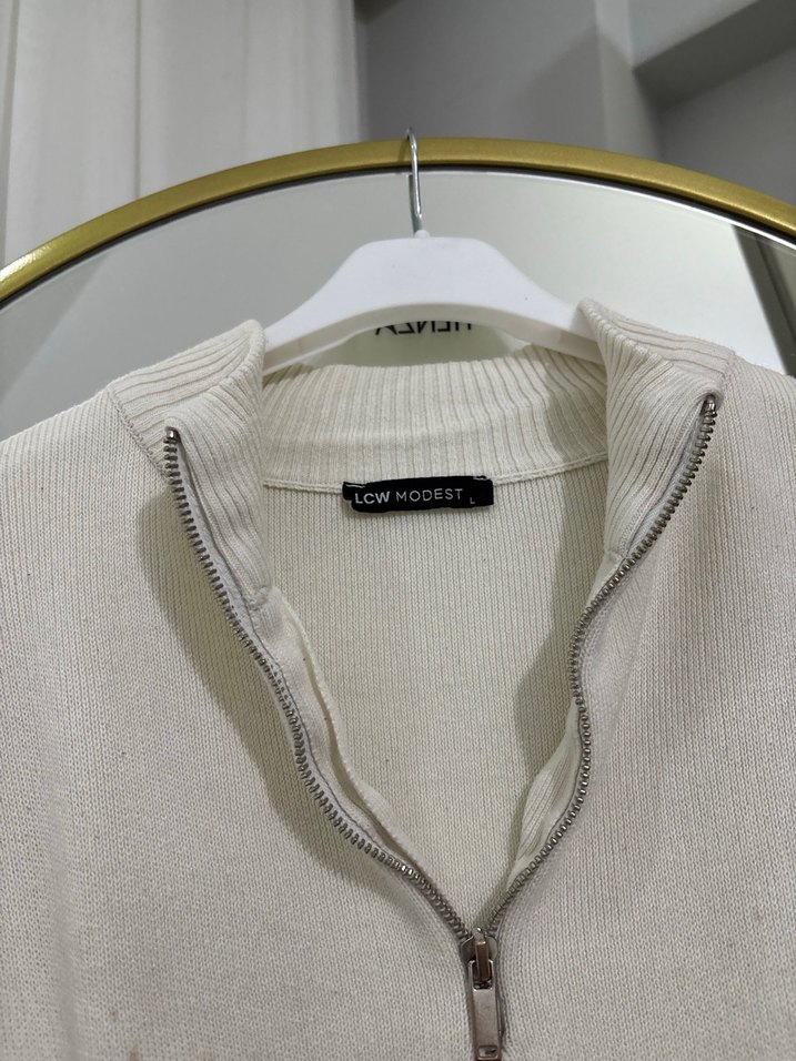 Yarım Fermuarlı Çizgili Beyaz Kadın Kazak - Görsel 2