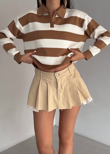 Uzun Kollu Kahverengi Çizgili Triko Kazak - Görsel 7