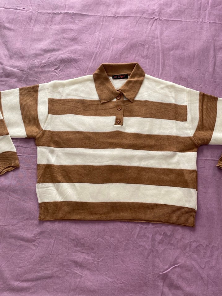 Uzun Kollu Kahverengi Çizgili Triko Kazak - Görsel 4