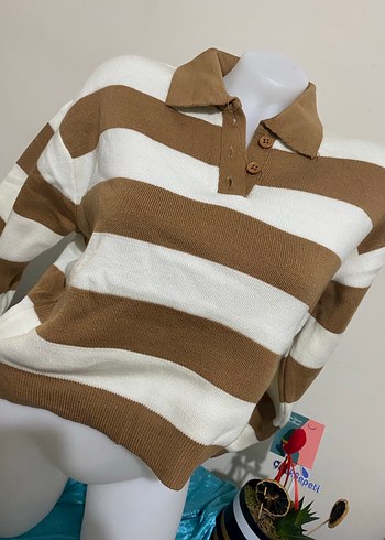 Bej Çizgili Kısa Kadın Sweatshirt - Görsel 5