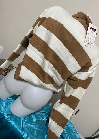 Bej Çizgili Kısa Kadın Sweatshirt - Görsel 3