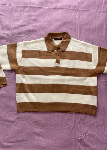 Bej Çizgili Kısa Kadın Sweatshirt - Görsel 8